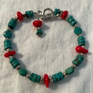 Turquoise, Coral and Thai Silver Bracelet